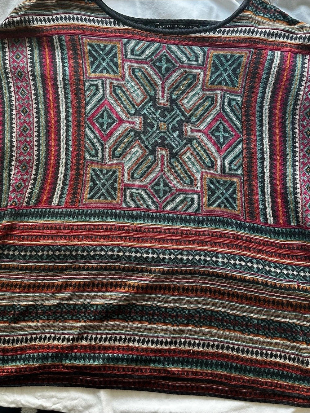 PERUVIAN CONNECTION Geometric Multicolor & Black Short Sleeve Top XS